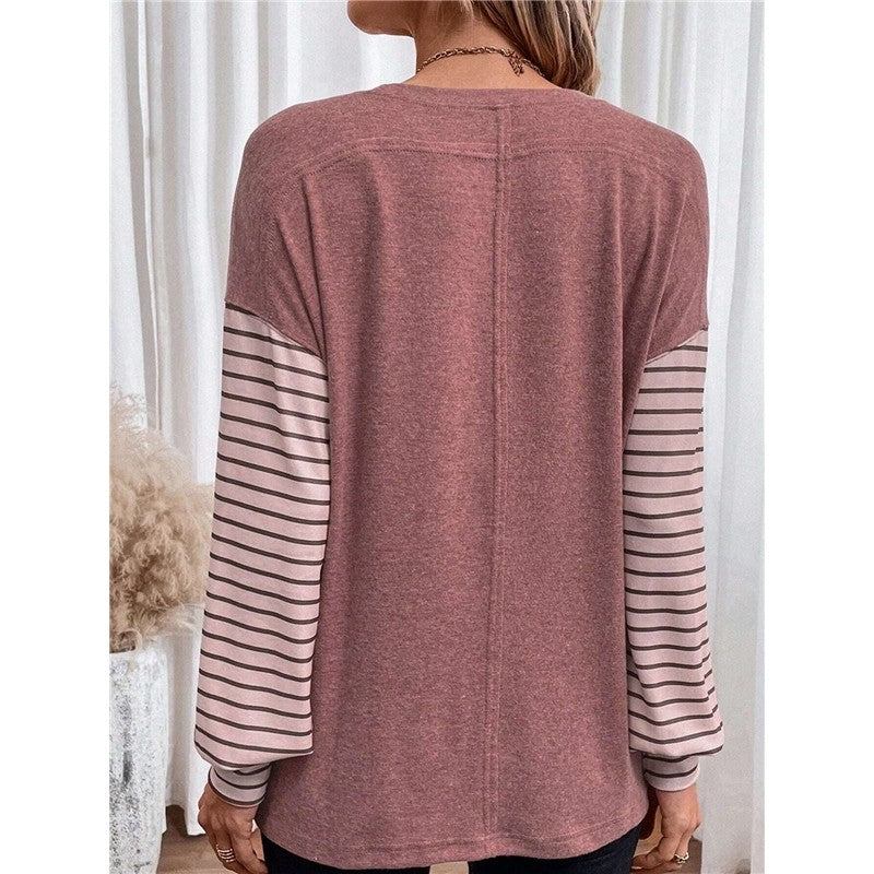 Round Neck Casual Striped Contrast Long-Sleeved T-Shirt