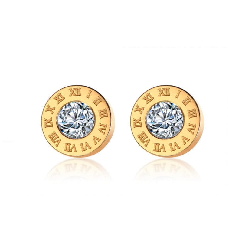 Simple Round Zircon-Encrusted Titanium Steel Earrings