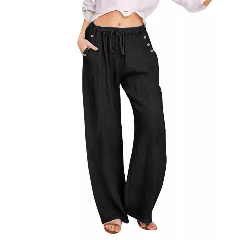 Pantalon décontracté en coton et lin de couleur unie pour femme