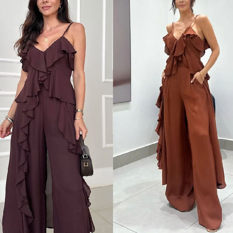 Summer Women Fashion Solid Color Chiffon Ruffled Top and Pants Two-Piece Set