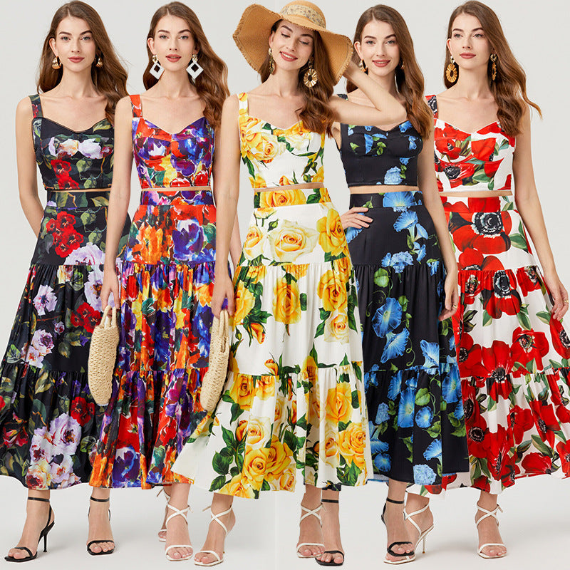 Women Summer Vacation Floral Print Crop Tank Top Long Skirt Set