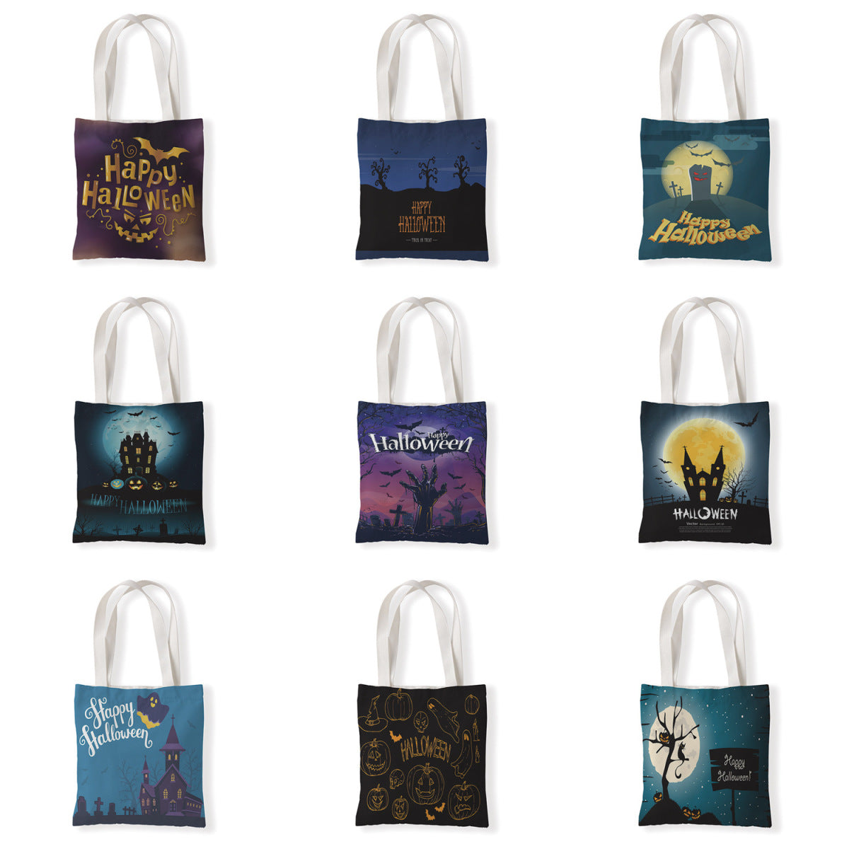 Bolsa de lona con estampado de calabaza y murciélago de Halloween con dibujos animados