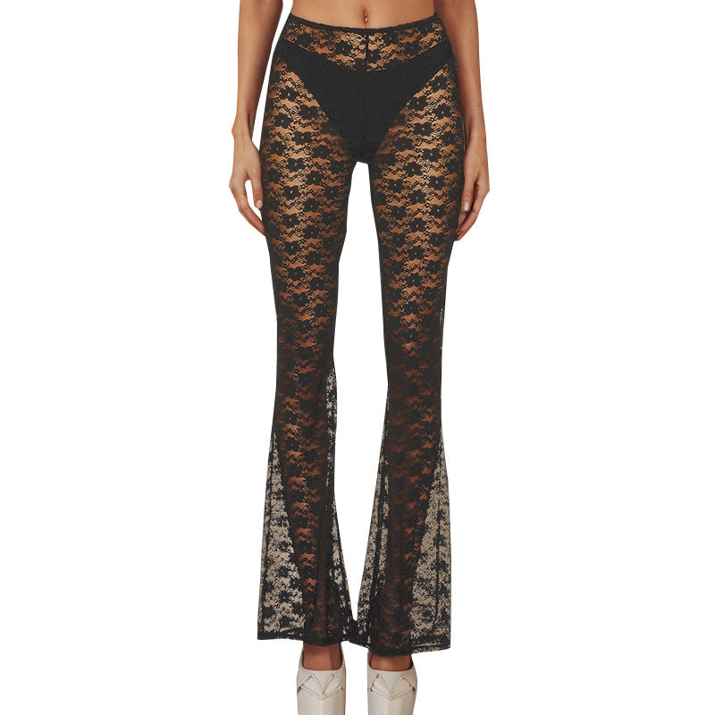 Pantalones acampanados de encaje transparente para mujer
