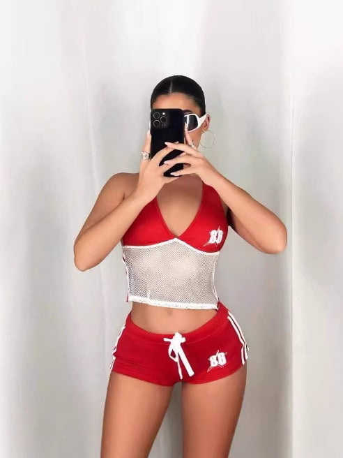Women Fashion Contrast Color Halter Neck Crop Top with Low Waist Shorts Two-Piece Set