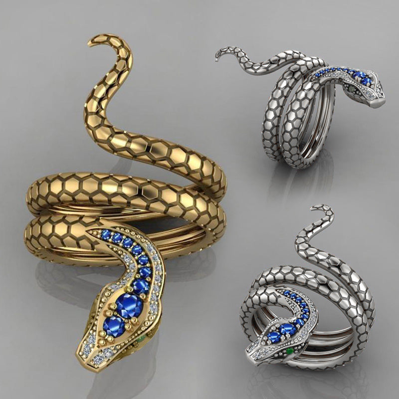 Bague de fête en python avec strass bleus rétro pour femme