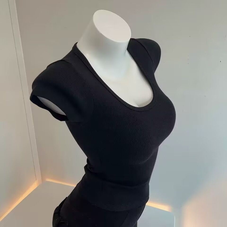T-shirt slim à col en U pour femme, couleur unie, en mélange de polyester