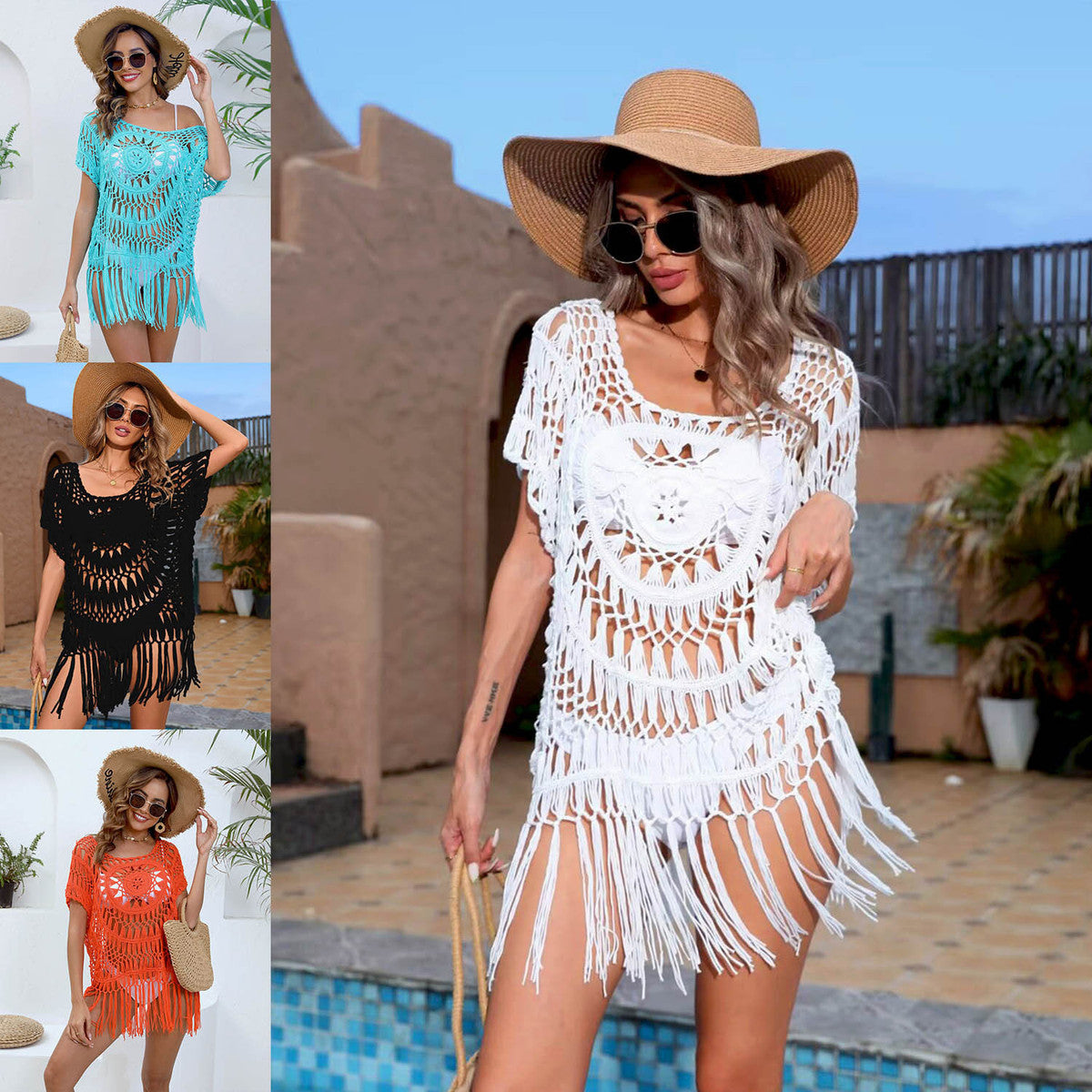 Women Fashion Solid Color Knitted Tassel Cover-Up