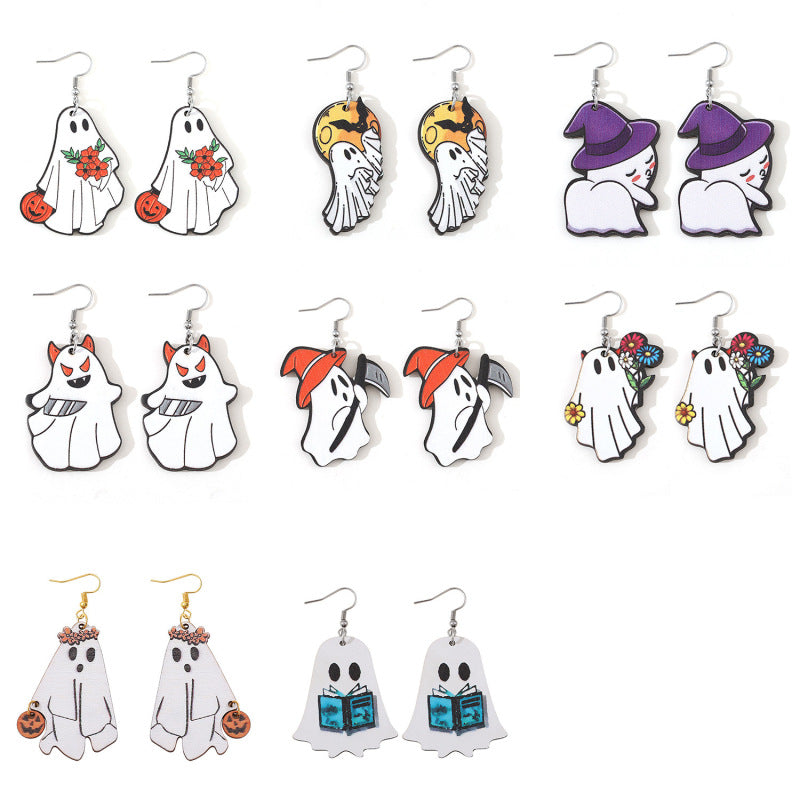Halloween Women Double-Sided Wooden Earrings with Cartoon Creatures