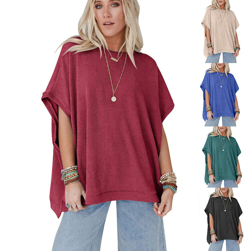 Women Fashion Solid Color Short Sleeve Loose Top