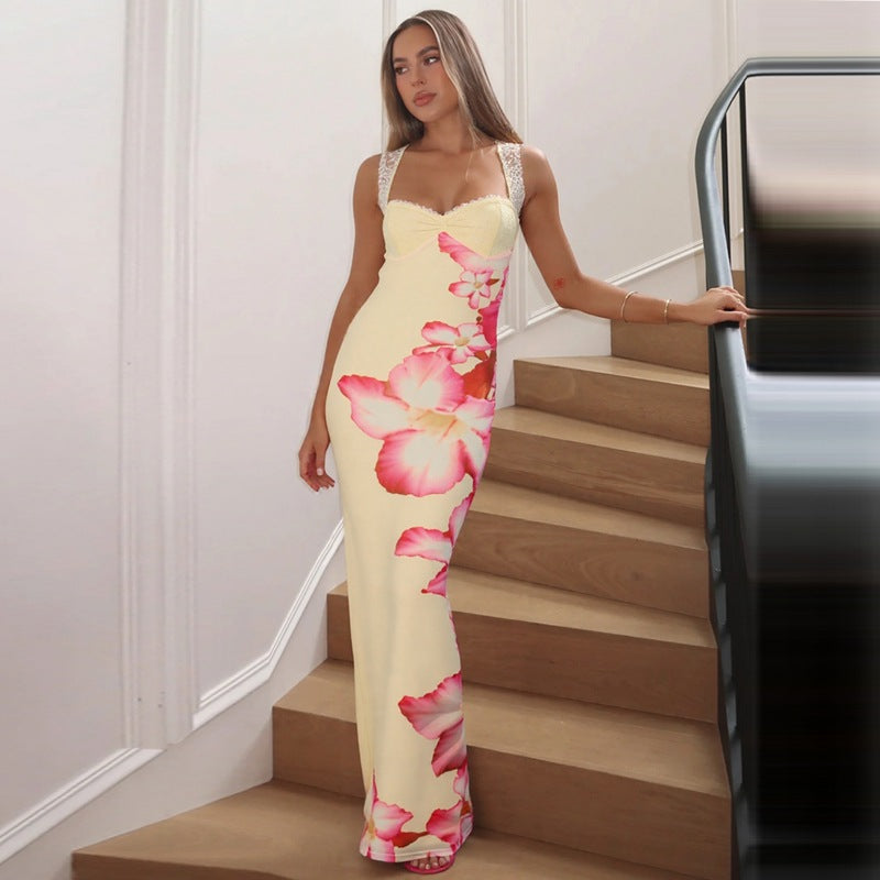 Robe longue moulante à imprimé floral pour femme