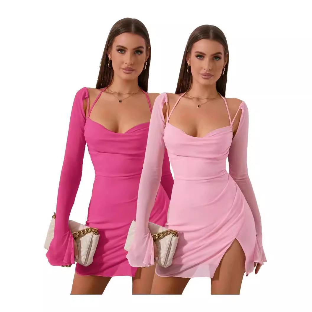 Robe sexy à lacets et col en V pour femme avec fente