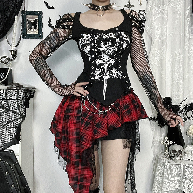 Top gótico de malla con costuras de manga larga para mujer