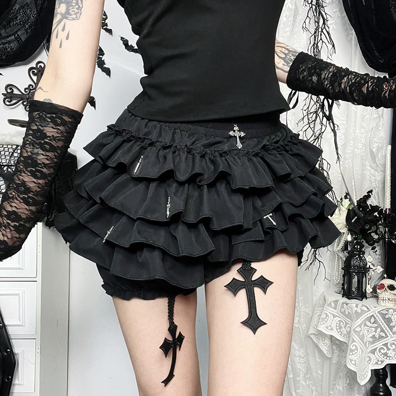Women Fashion Sexy Gothic Cross Pendant Pleated Culottes