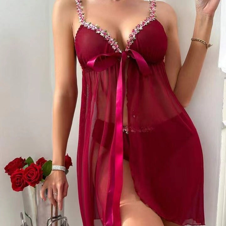 Ensemble pyjama deux pièces sexy à lacets et fleurs en maille pour femme