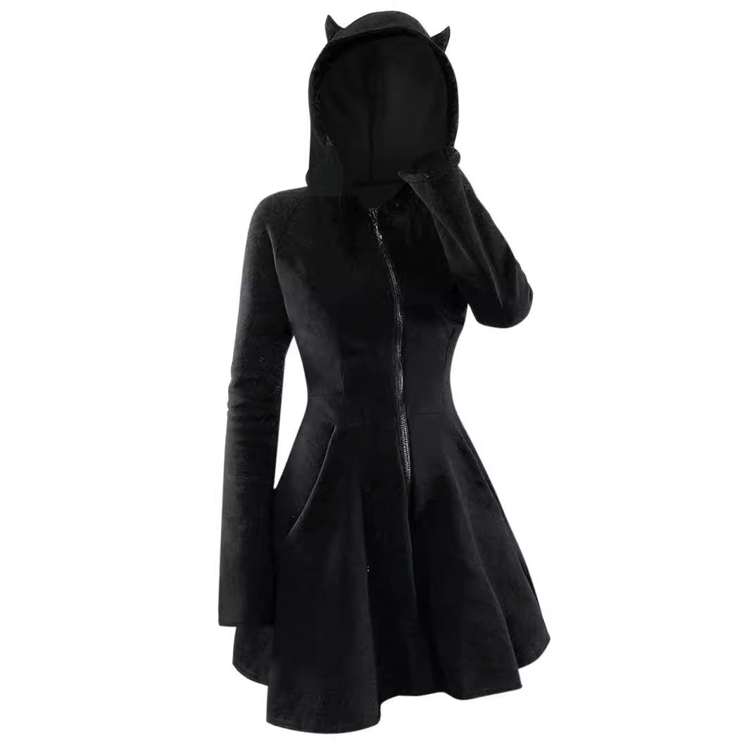 Robe à capuche à manches longues et coutures en velours gothique