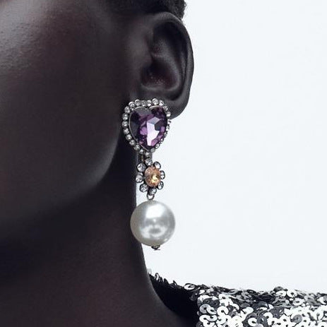 Pendientes de perlas y diamantes de imitación retro para mujer, joyería de moda estilo corazón