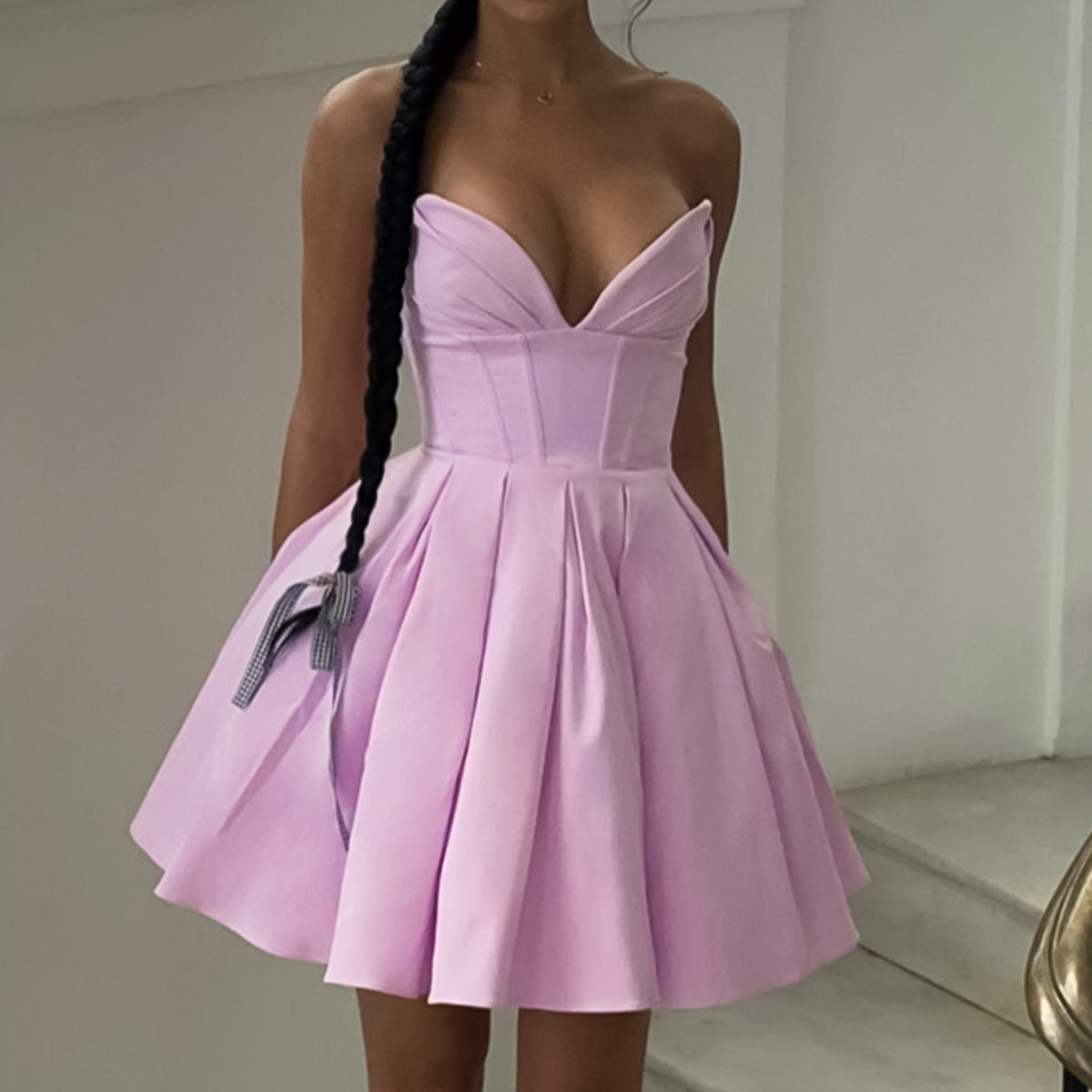 Vestido elegante de color liso sin tirantes y abullonado para mujer