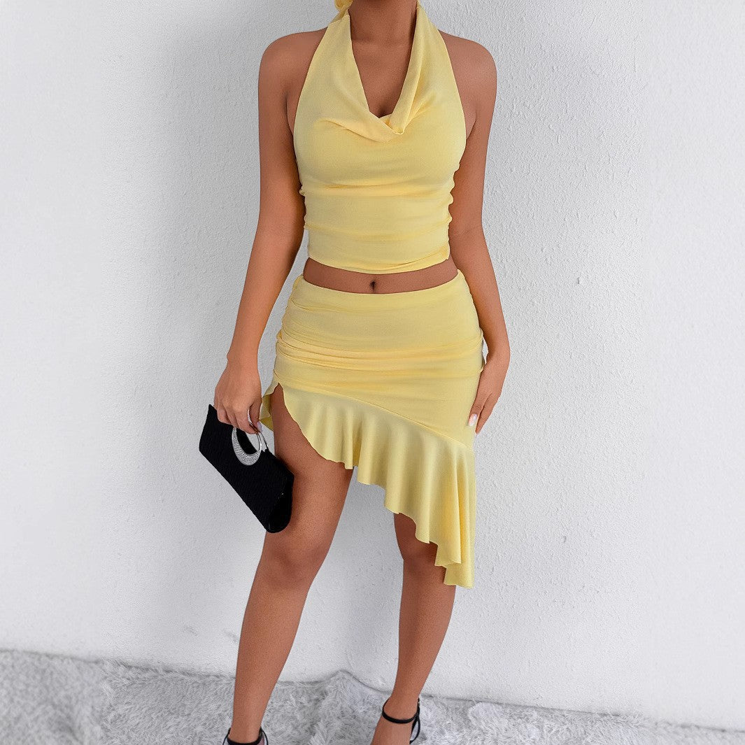 Women Solid Color Halter Top and Skirt Two-Piece Set