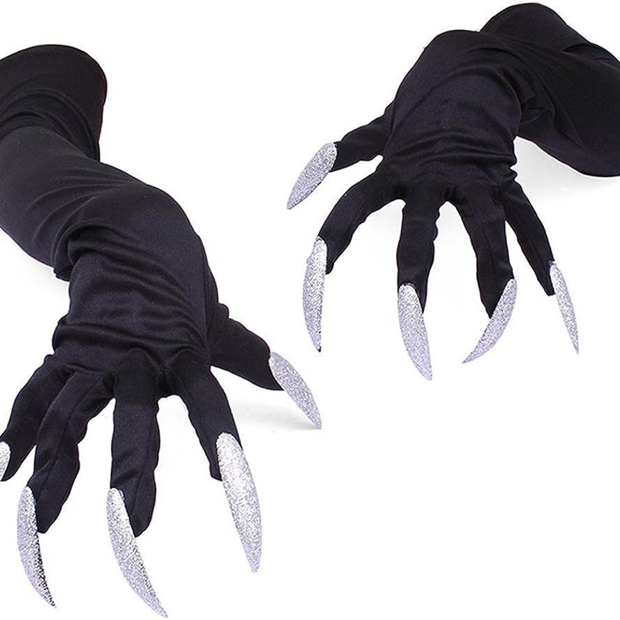 Accessoires de performance pour fête d'Halloween : ongles longs, gants fantômes