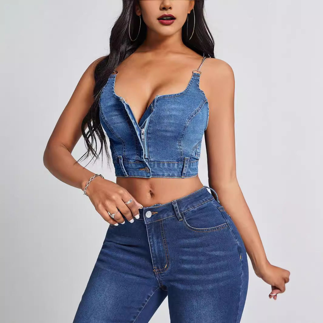 Women Fashion Deep V Backless Denim Camisole