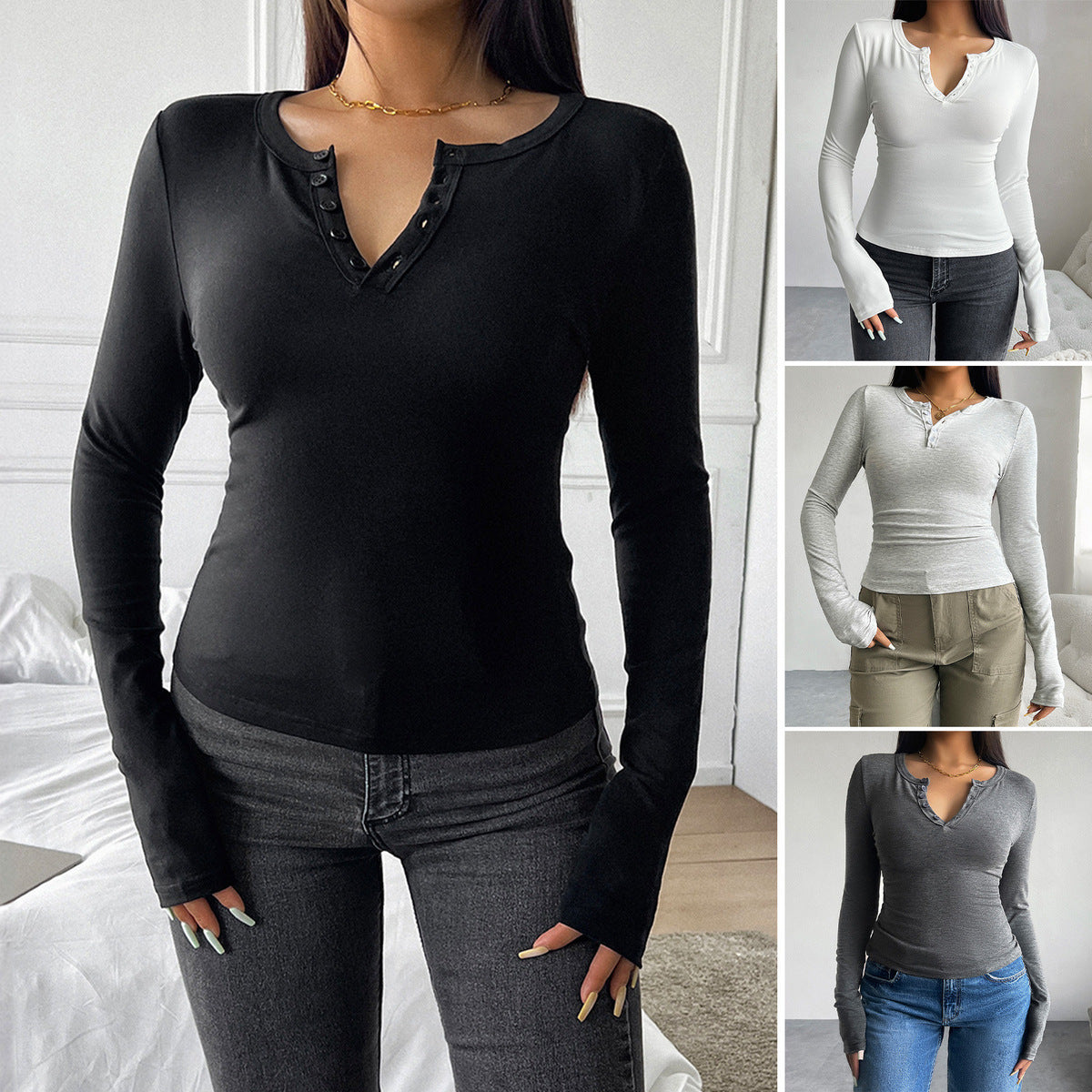 Women Casual Simple V-Neck Button Long Sleeve Blank T-Shirt