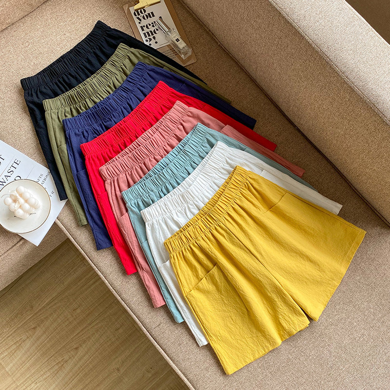 Pantalones cortos casuales de lino y algodón de color liso a la moda para mujer