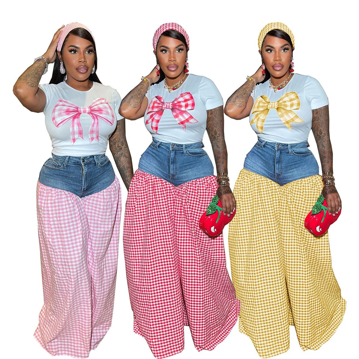 Ensemble t-shirt rose à nœud et pantalon en jean à carreaux pour femme