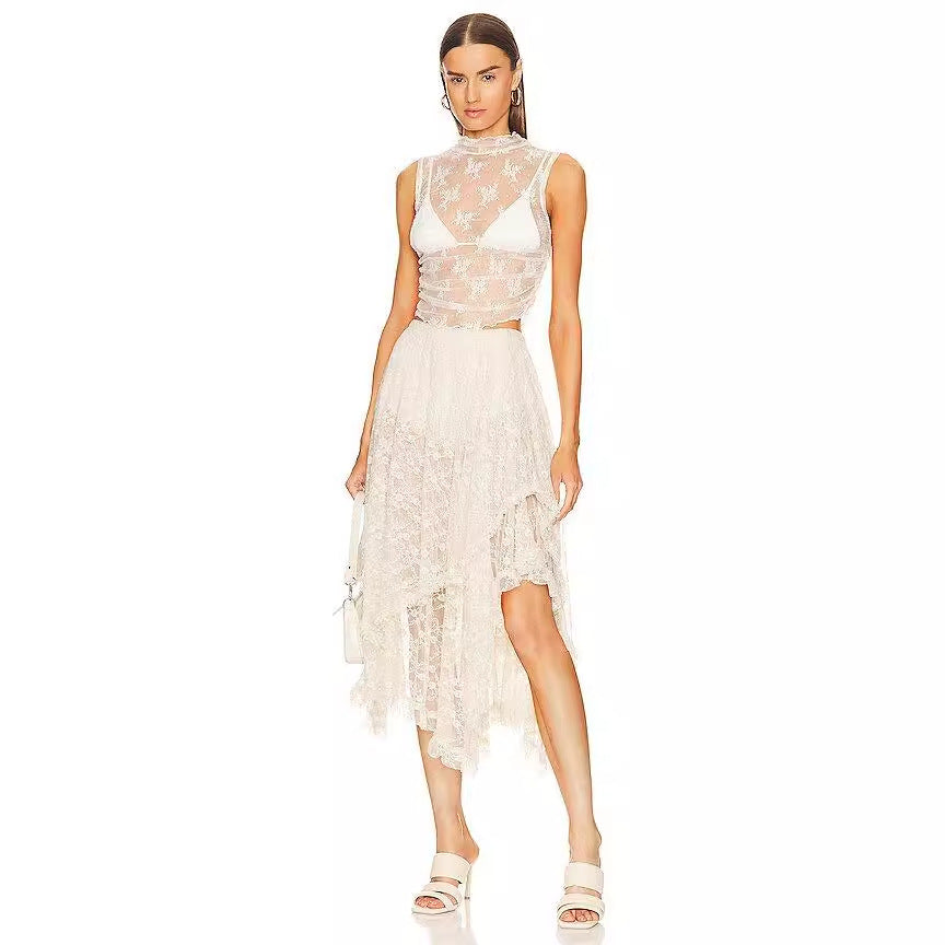 Women Fashion Irregular Lace High Waist Skirt
