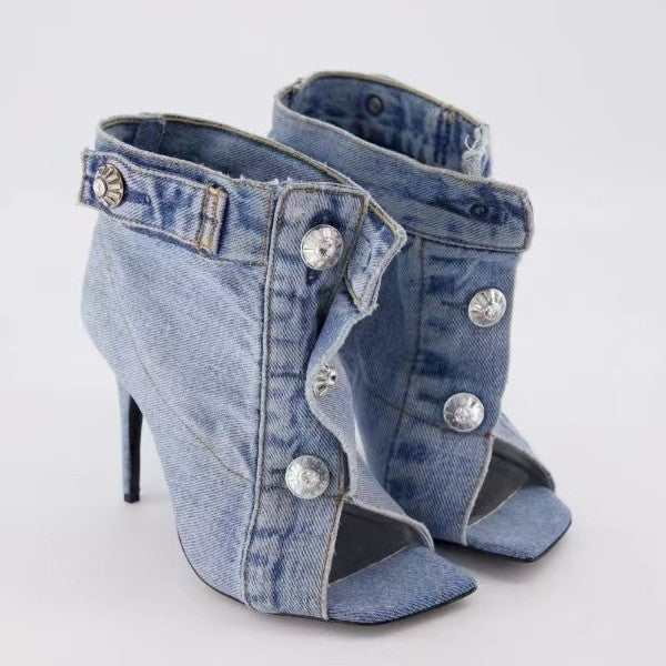 Zapatos casuales de mezclilla con punta cuadrada y tacón grueso para mujer