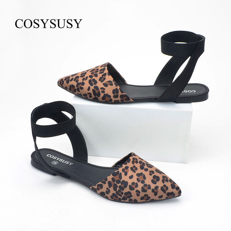 Women Chic Vintage Pointed Toe Leopard Flat Ankle Strap Sandals