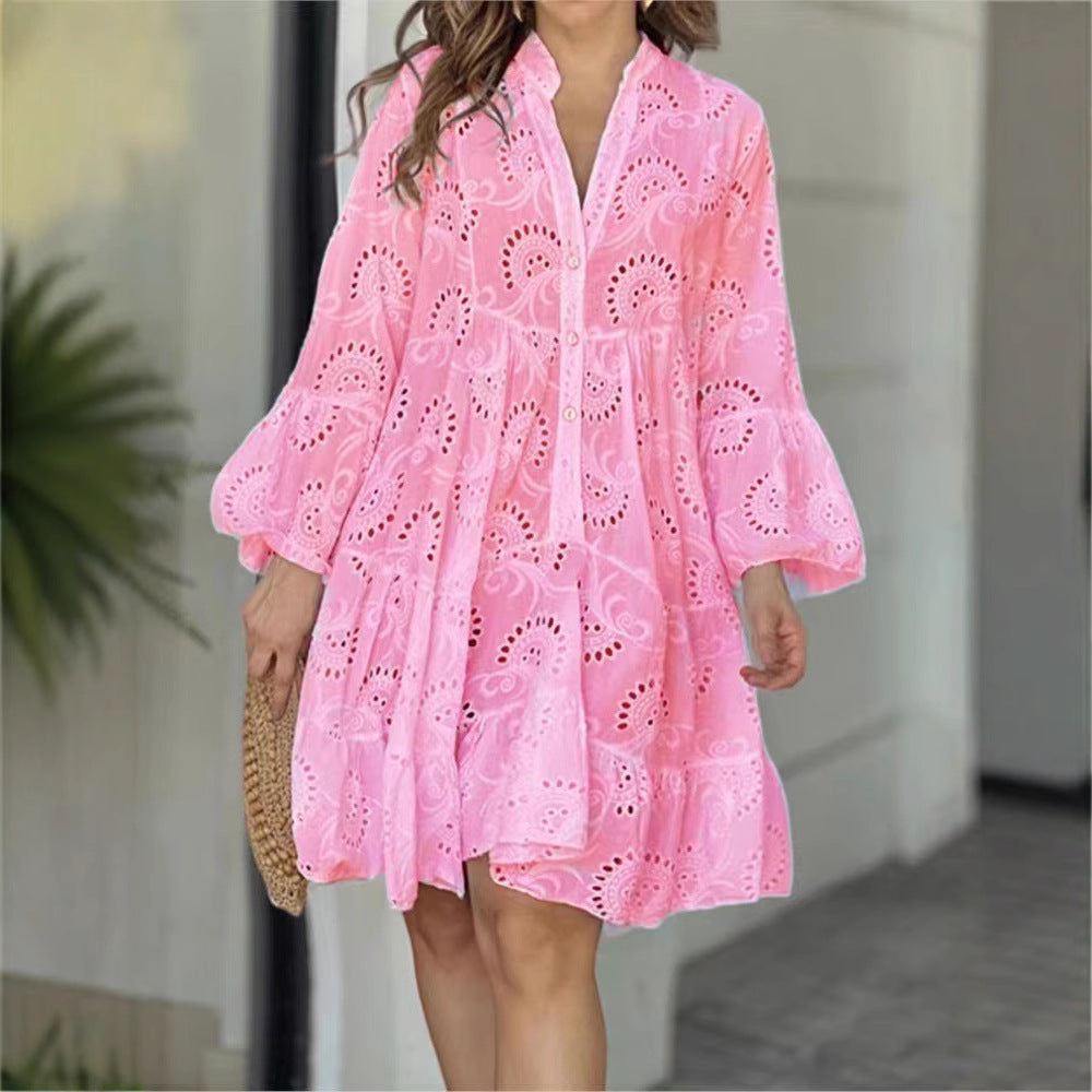 Vestido informal de encaje con escote en V y manga larga para mujer