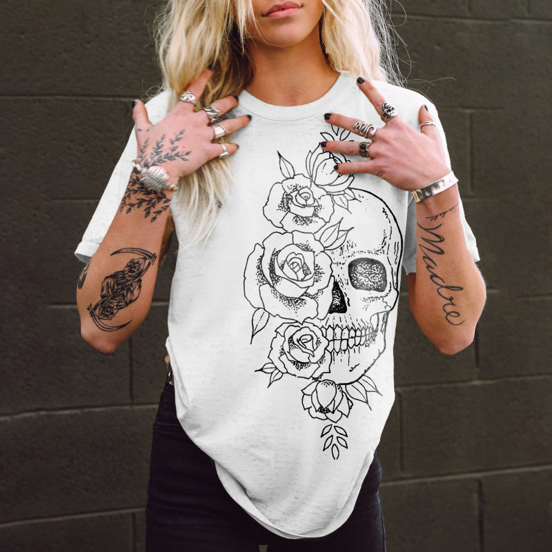 Camiseta de manga corta con estampado de calavera para mujer de Halloween