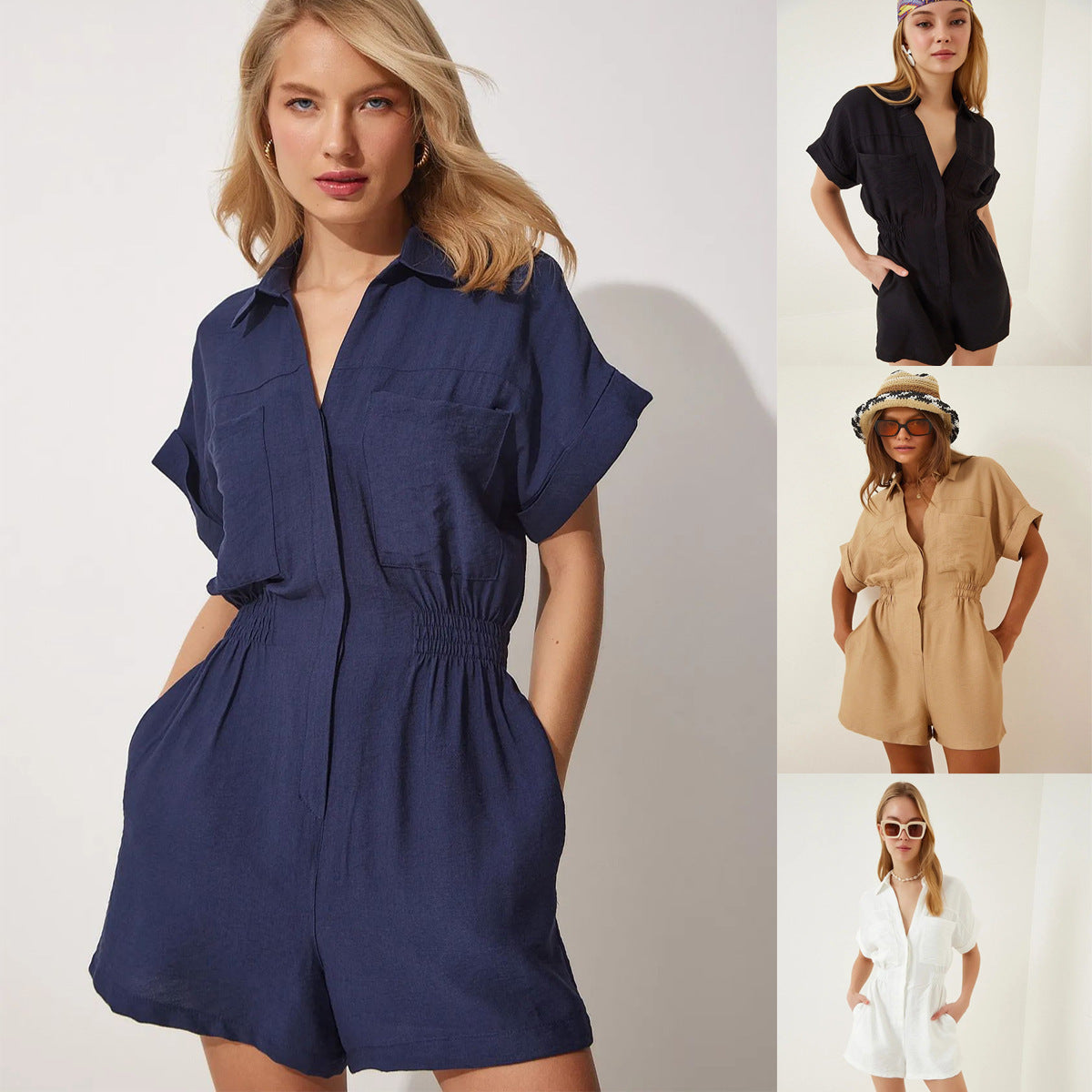 Casual Women's Short-Sleeved Cotton-Linen Overalls