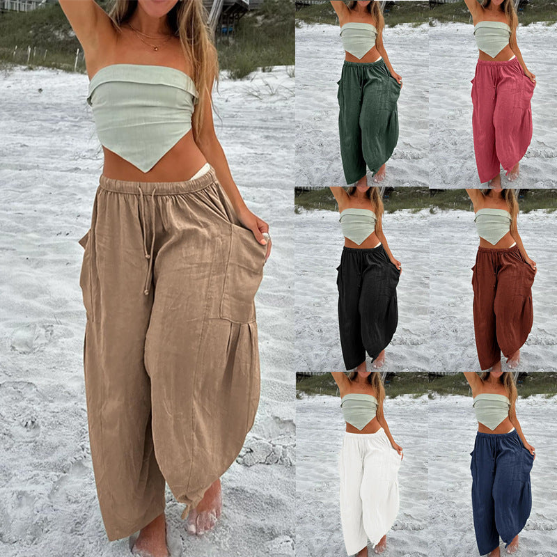 Pantalones anchos de cintura alta de lino y algodón para mujer