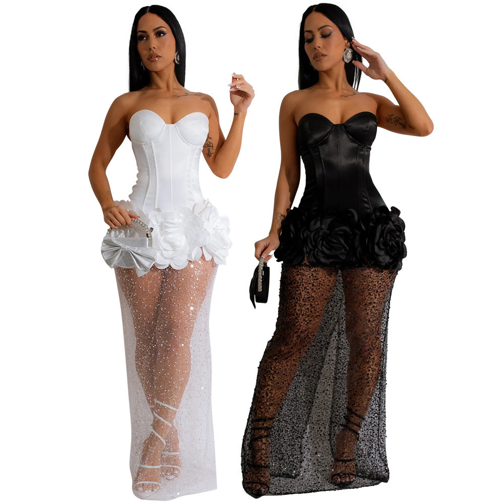 Women Sexy Solid Color Tube Top Ruffled Mesh Party Dress