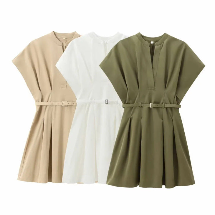 Robe d'été plissée à col en V pour femme, style bureau chic, en coton uni