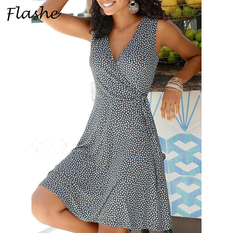 Women Elegant Casual Polka Dot V Neck Sleeveless Bandage Dress