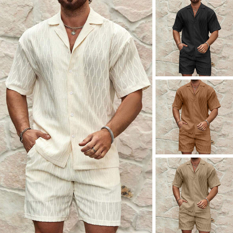 Conjunto de camisa y pantalones cortos de manga corta con solapa y estilo vacacional para hombre