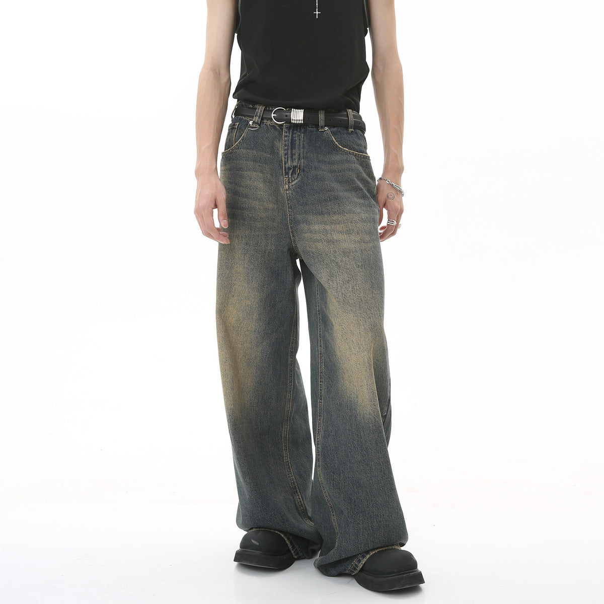 Men's Retro Loose Wide-Leg Jeans Cotton Blend Casual Pants