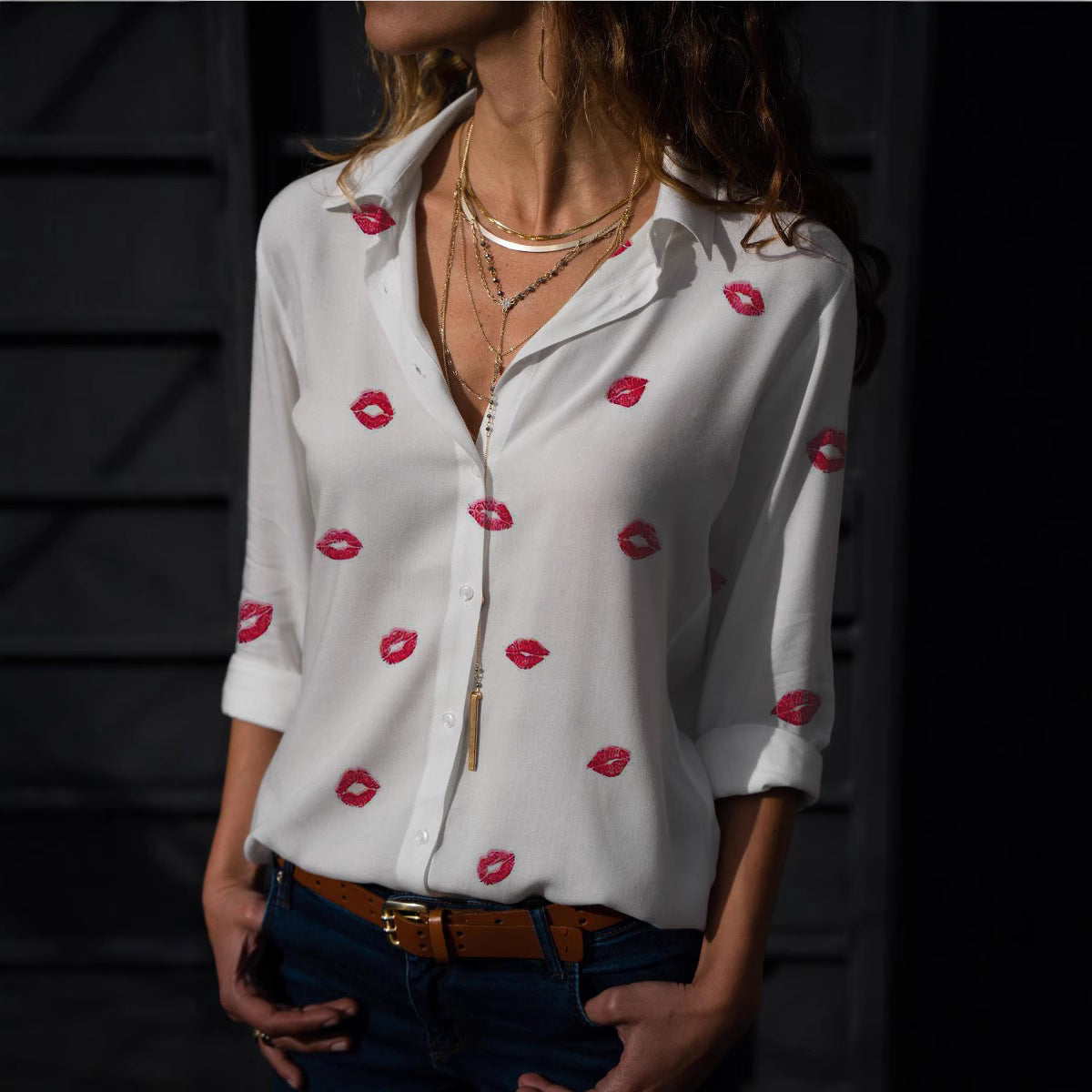 Women Casual Lips Love Print Long Sleeve Blouse