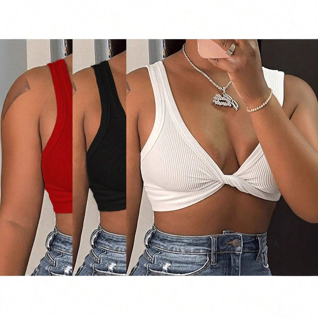 Women Sexy Solid Color Knotted Crop Top - Polyester Slim Fit