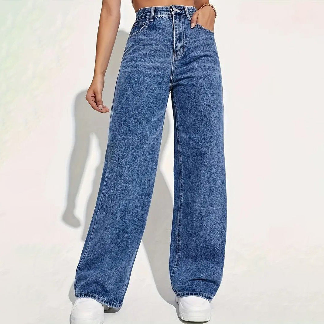 Women Fashion Casual Solid Color High Waist Jeans