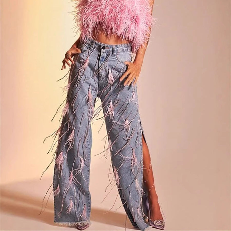 Women Fashion Feather Tassel Split Jeans