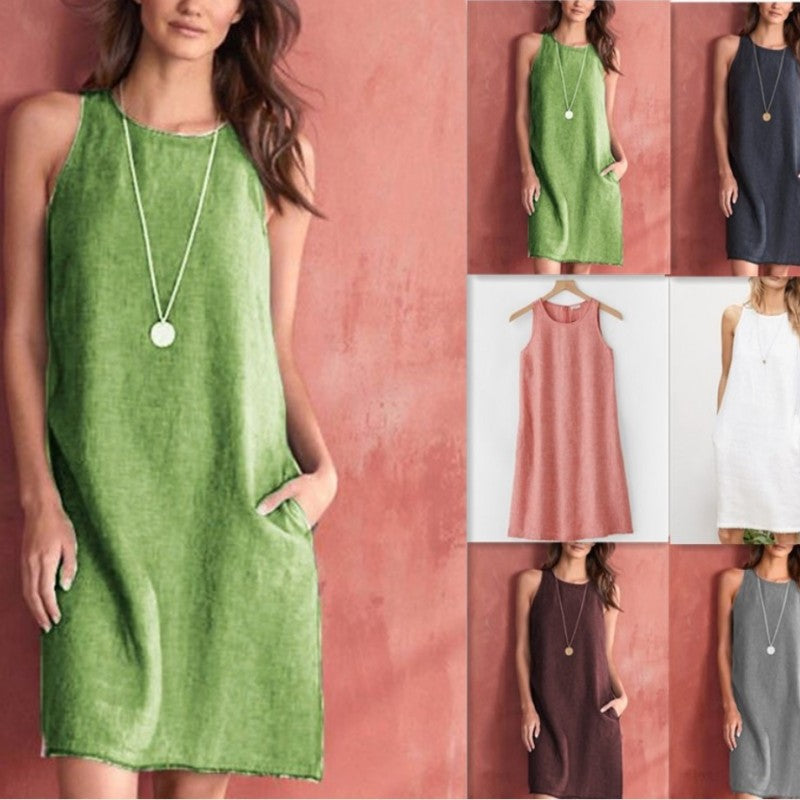Vestido de cuello redondo de lino y algodón a la moda para mujer