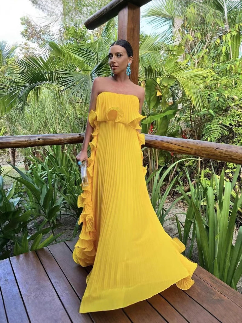 Women's Solid Color Tube Top Pleated Maxi Dress