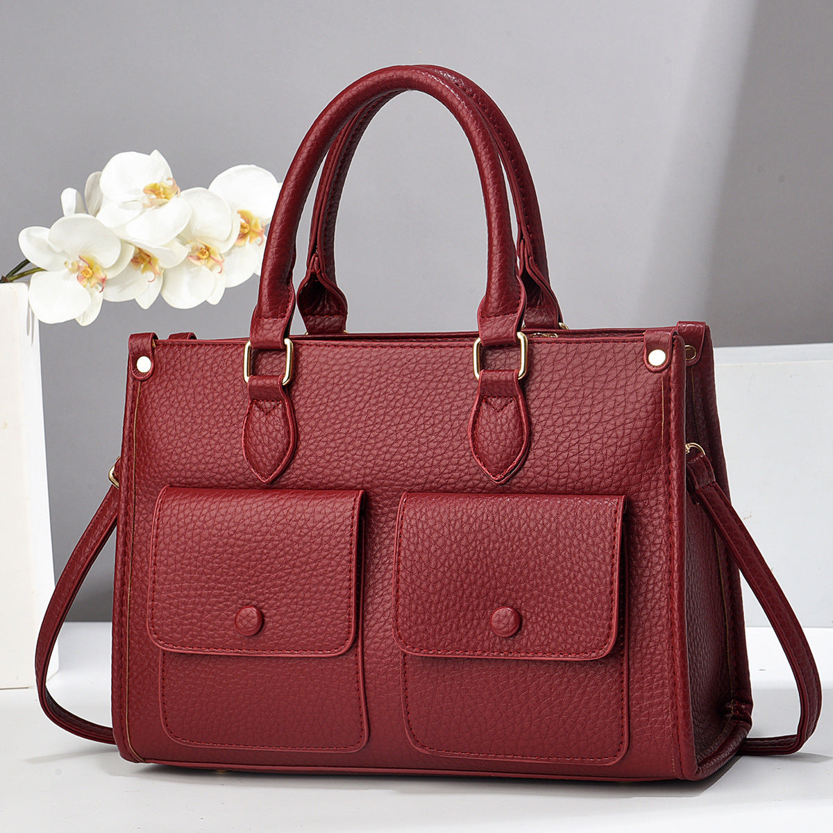 Bolso de mano informal de color liso con doble bolsillo para mujer