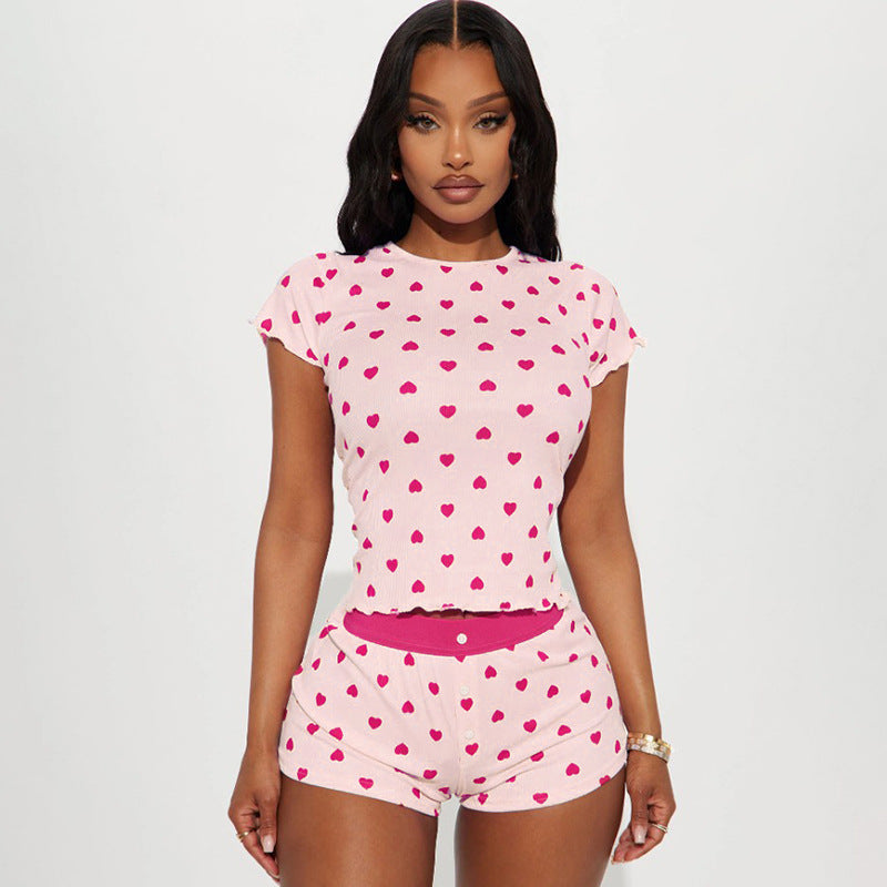 Ensemble pyjama décontracté en tricot à manches courtes et imprimé Love pour femme