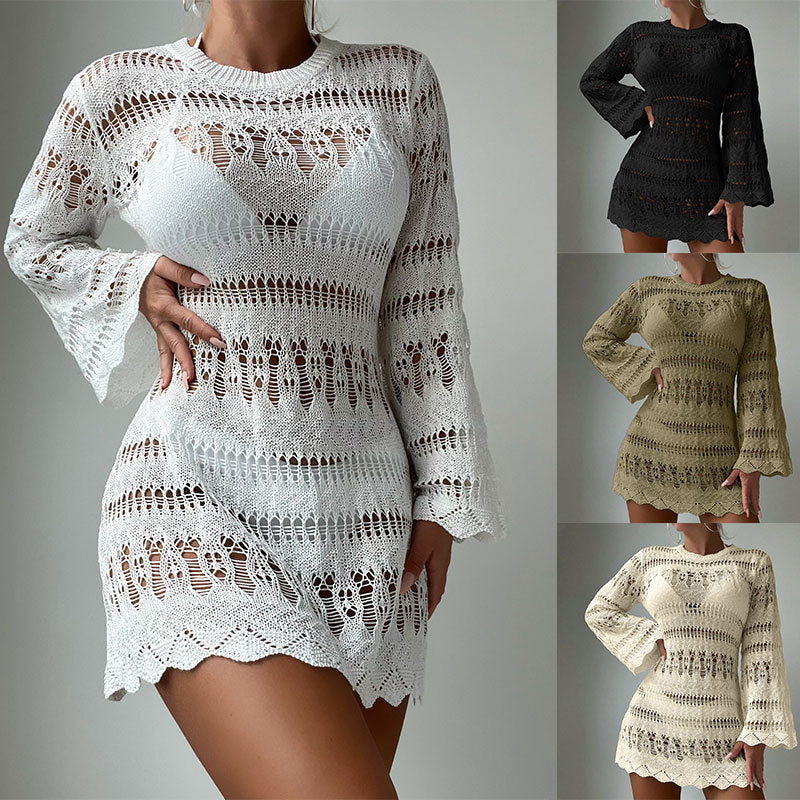 Vestido playero de punto calado de color liso a la moda para mujer