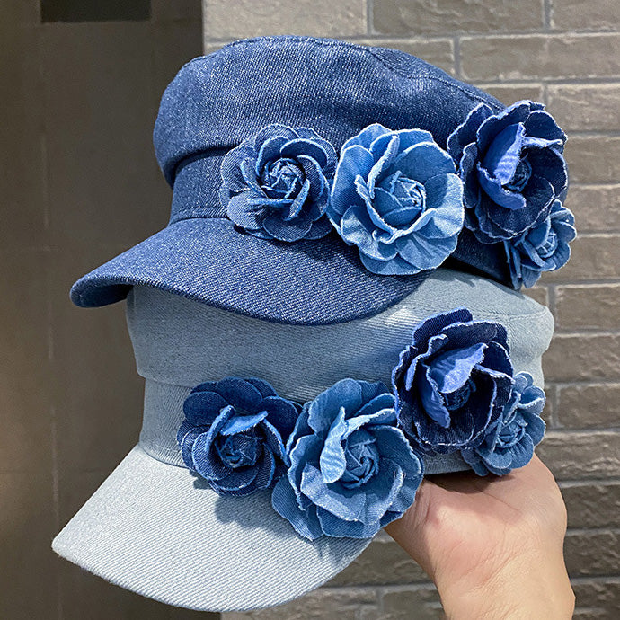 Women Fashion Casual Flower Decoration Denim Flat Hat
