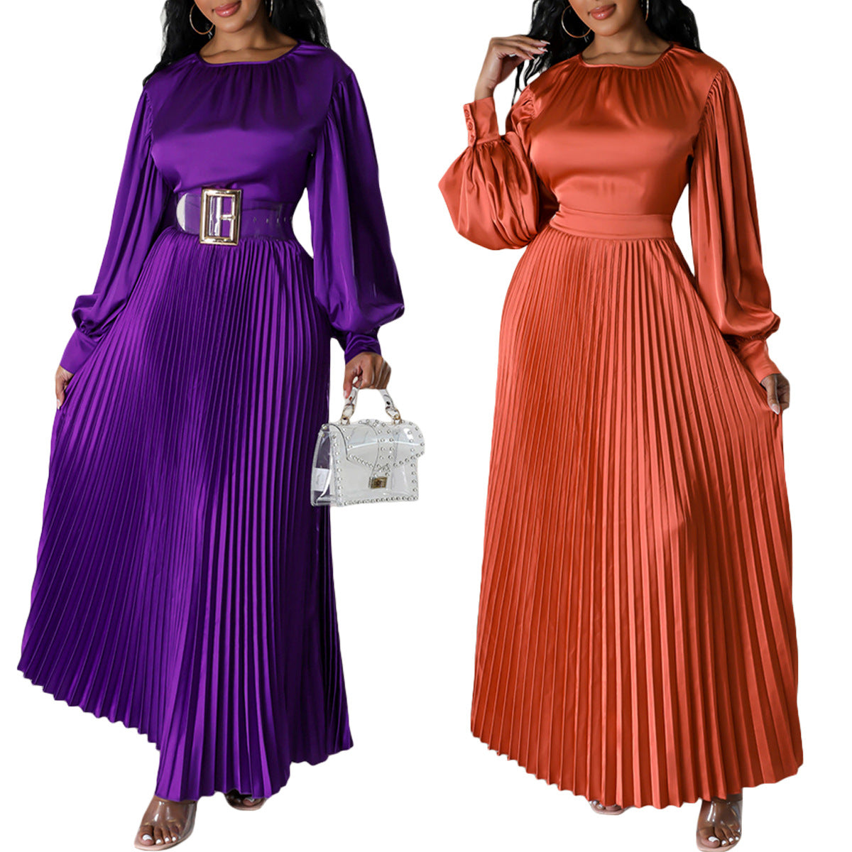 Vestido largo plisado de color liso con cuello redondo para mujer